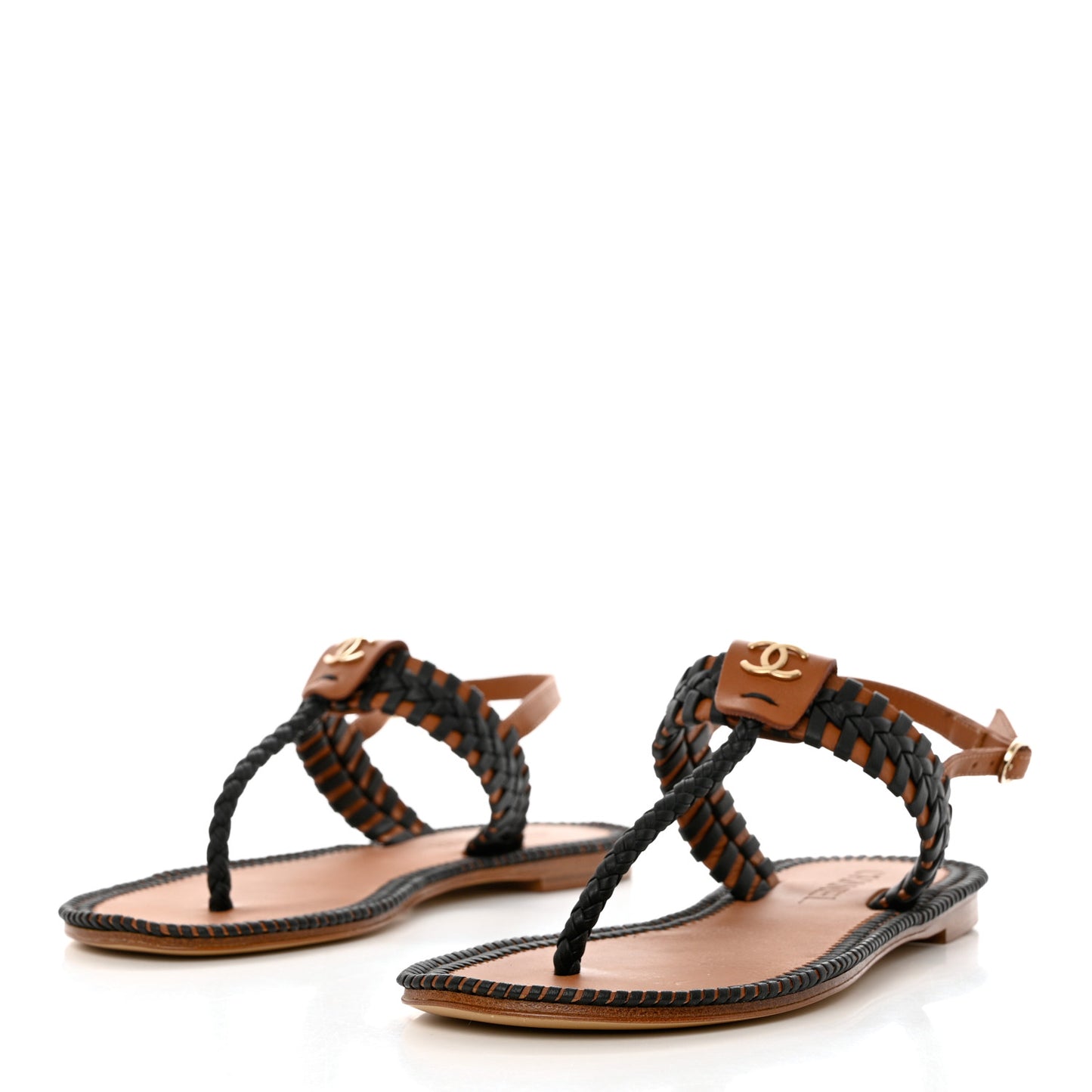Lambskin Calfskin Braided Thong Sandals 36 Black Brown