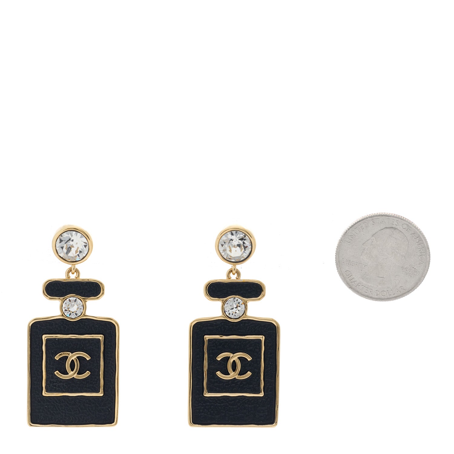 Chanel Metal Crystal Enamel CC Perfume Bottle Drop Earrings Gold Black 2 of 5