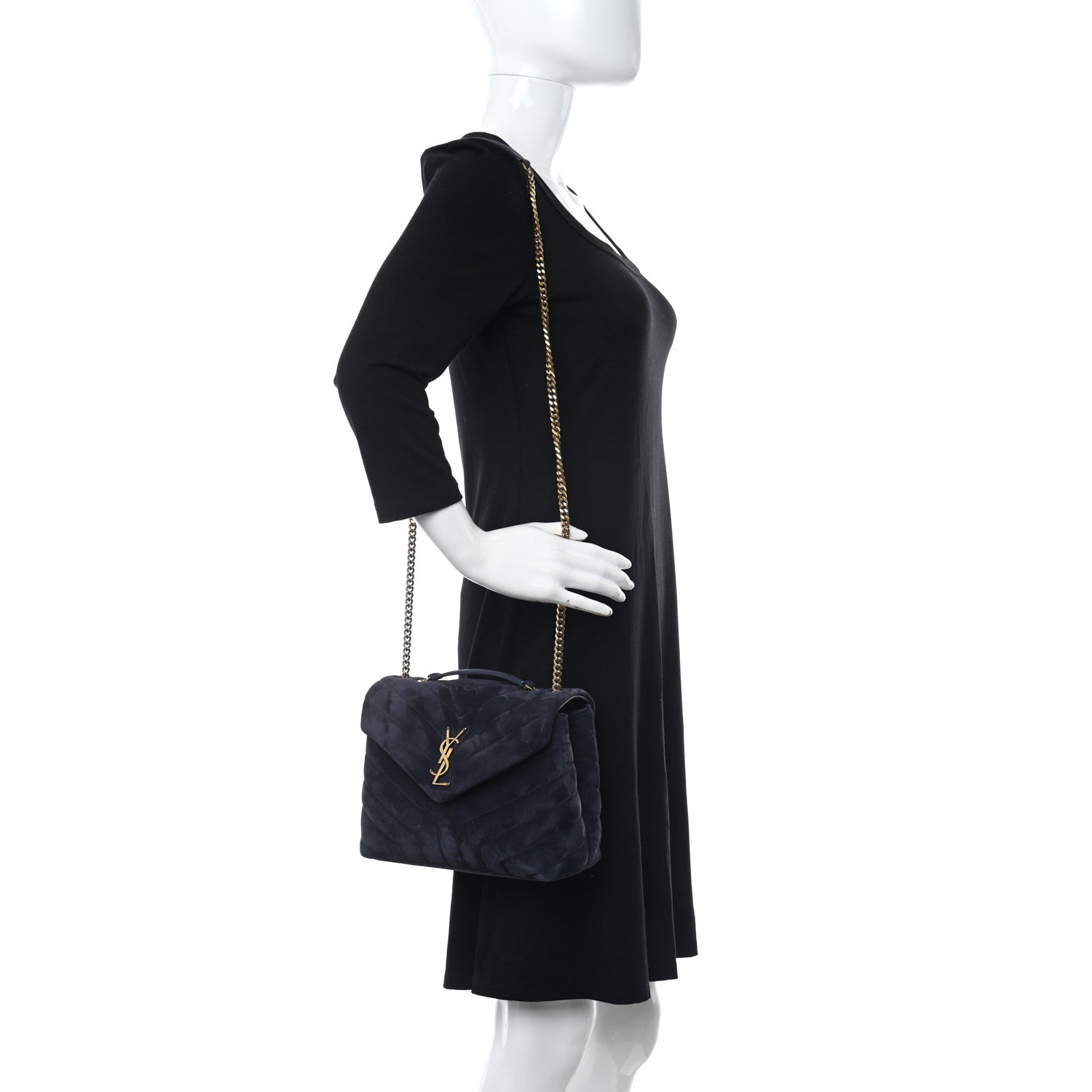 Saint Laurent Suede Calfskin Y Quilted Monogram Small Loulou Chain Satchel Deep Marine 2 of 11