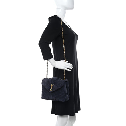 Saint Laurent Suede Calfskin Y Quilted Monogram Small Loulou Chain Satchel Deep Marine 2 of 11