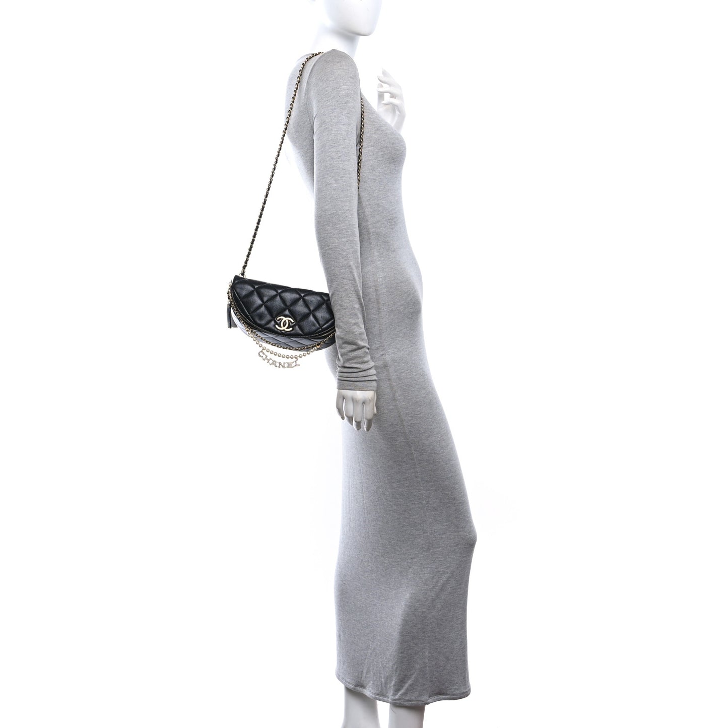 Shiny Lambskin Quilted Pearl Logo Waist Bag Black