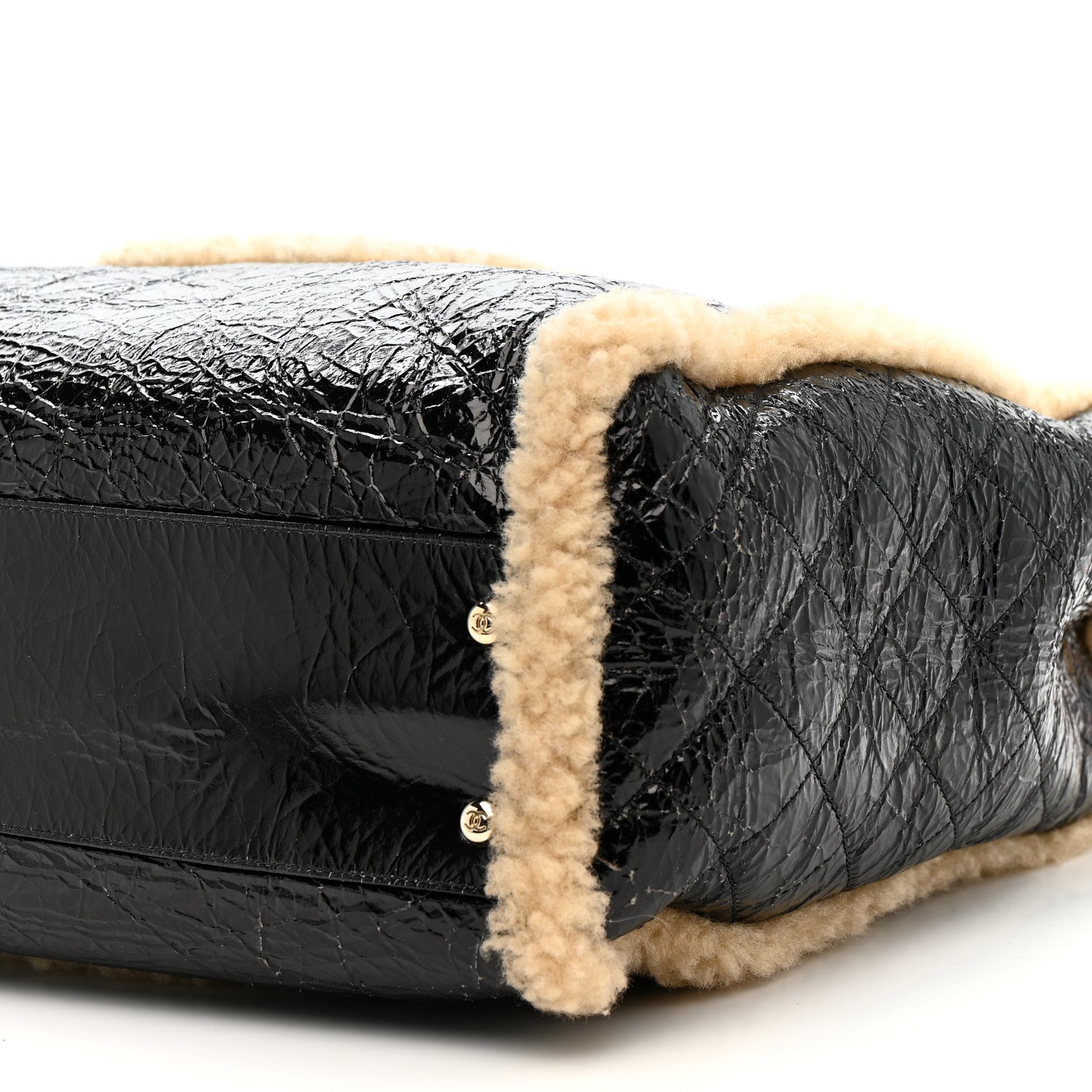 Chanel Shiny Crumpled Sheepskin Shearling CC Mania Tote Bag Black Beige 10 of 11