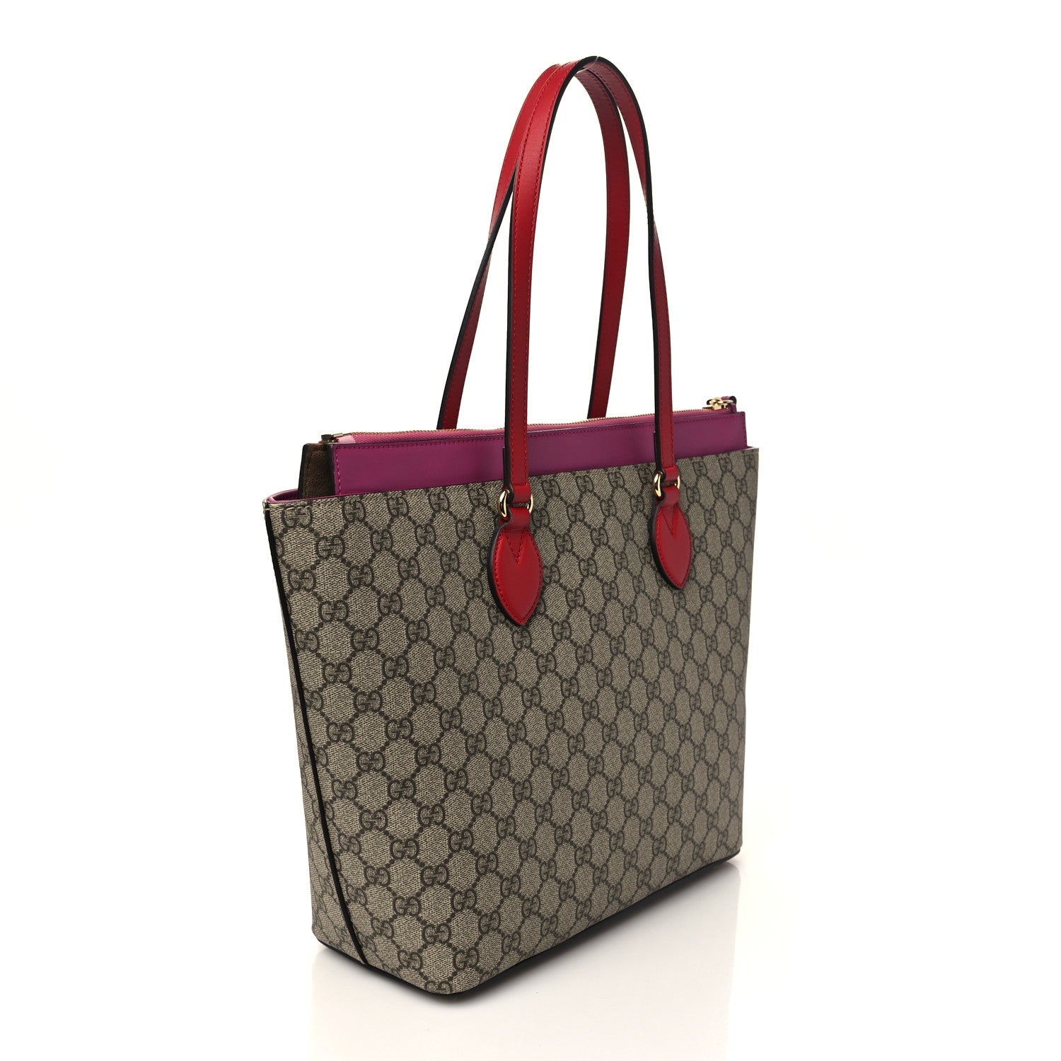 Gucci GG Supreme Monogram Medium Zippered Bucket Tote Beige Hibiscus Red New Rosette 3 of 7