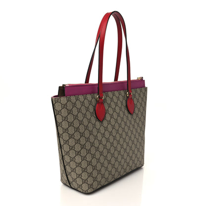 Gucci GG Supreme Monogram Medium Zippered Bucket Tote Beige Hibiscus Red New Rosette 3 of 7