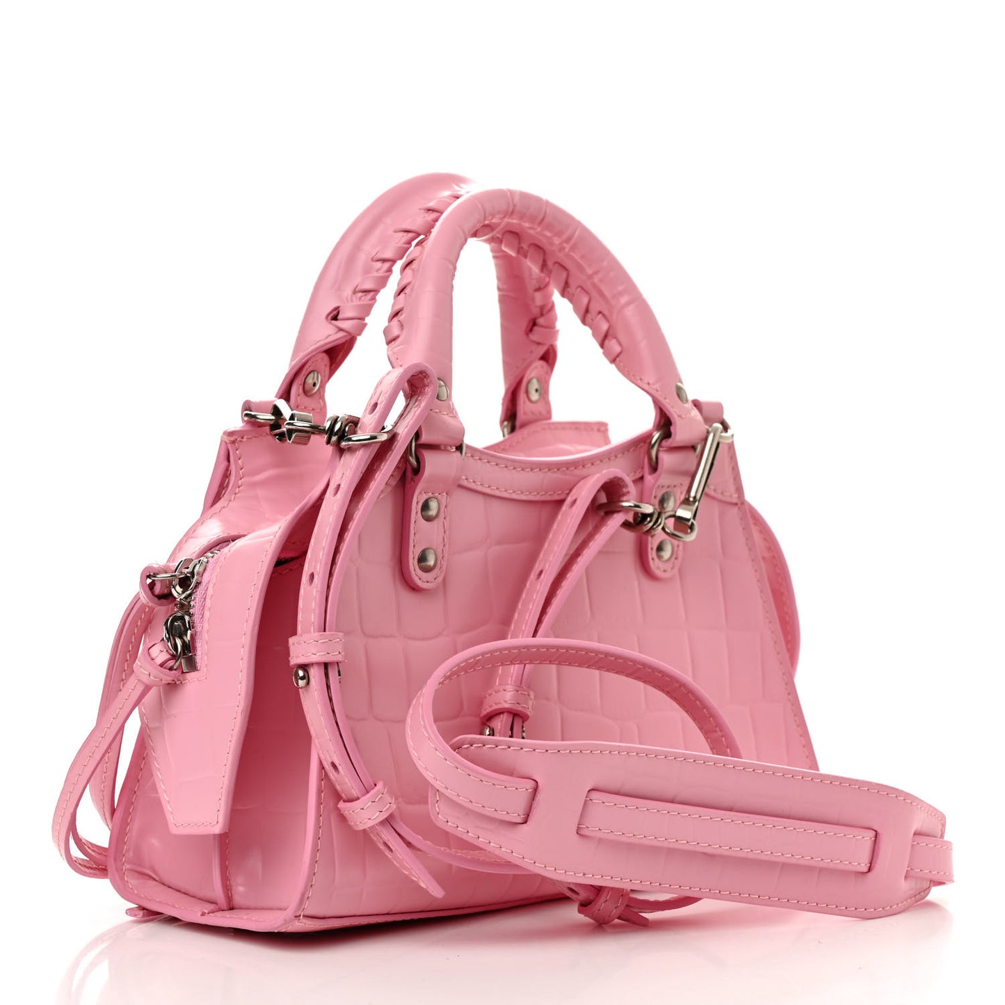 Semi Shiny Calfskin Crocodile Embossed Neo Classic Silver Hardware Mini City Pink