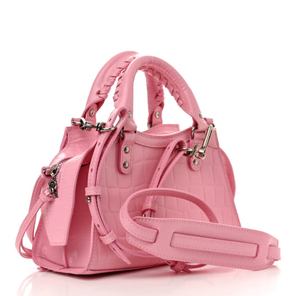 Balenciaga Semi Shiny Calfskin Crocodile Embossed Neo Classic Silver Hardware Mini City Pink 3 of 10