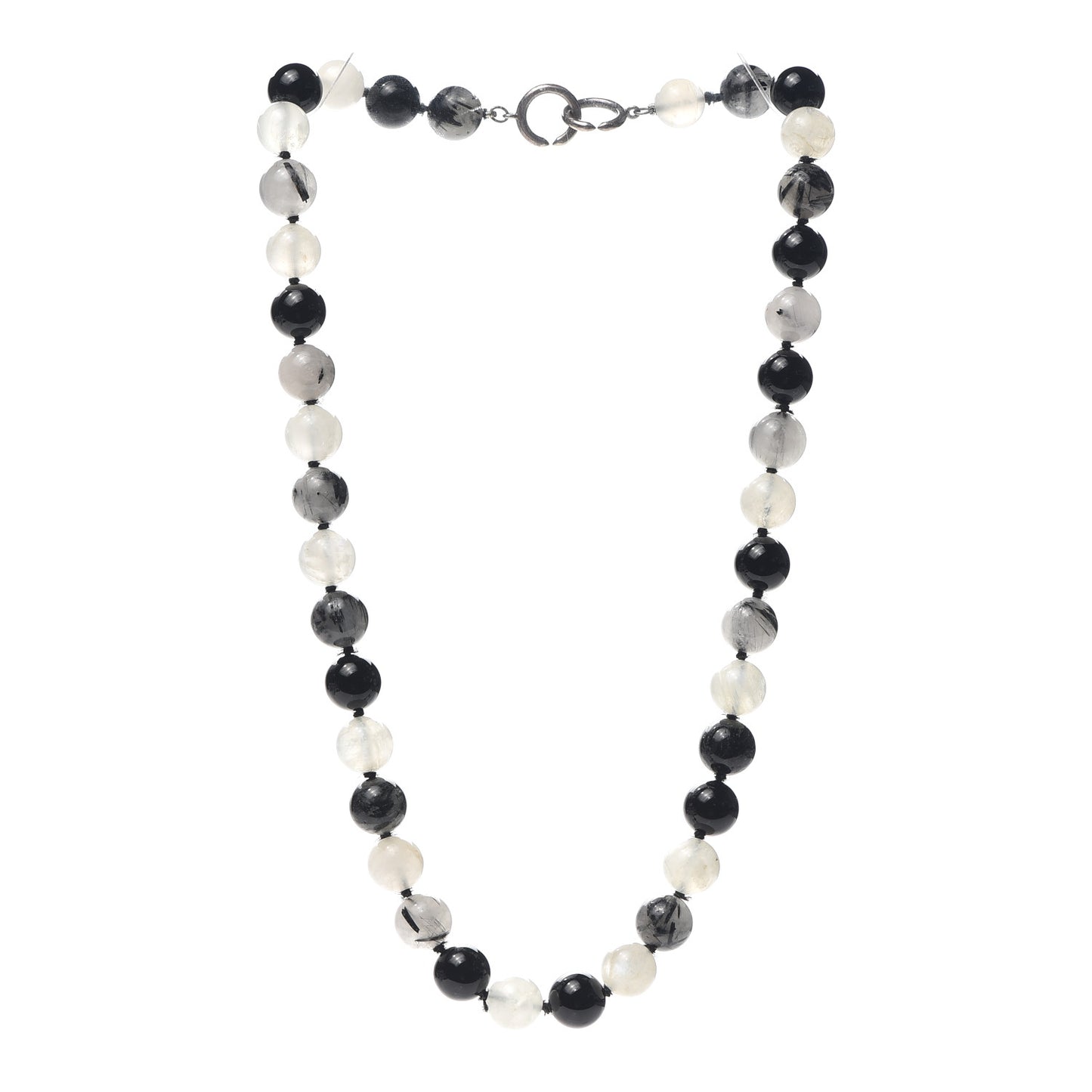 Sterling Silver Black Onyx Tourmalinated Quartz Moonstone Bead Necklace
