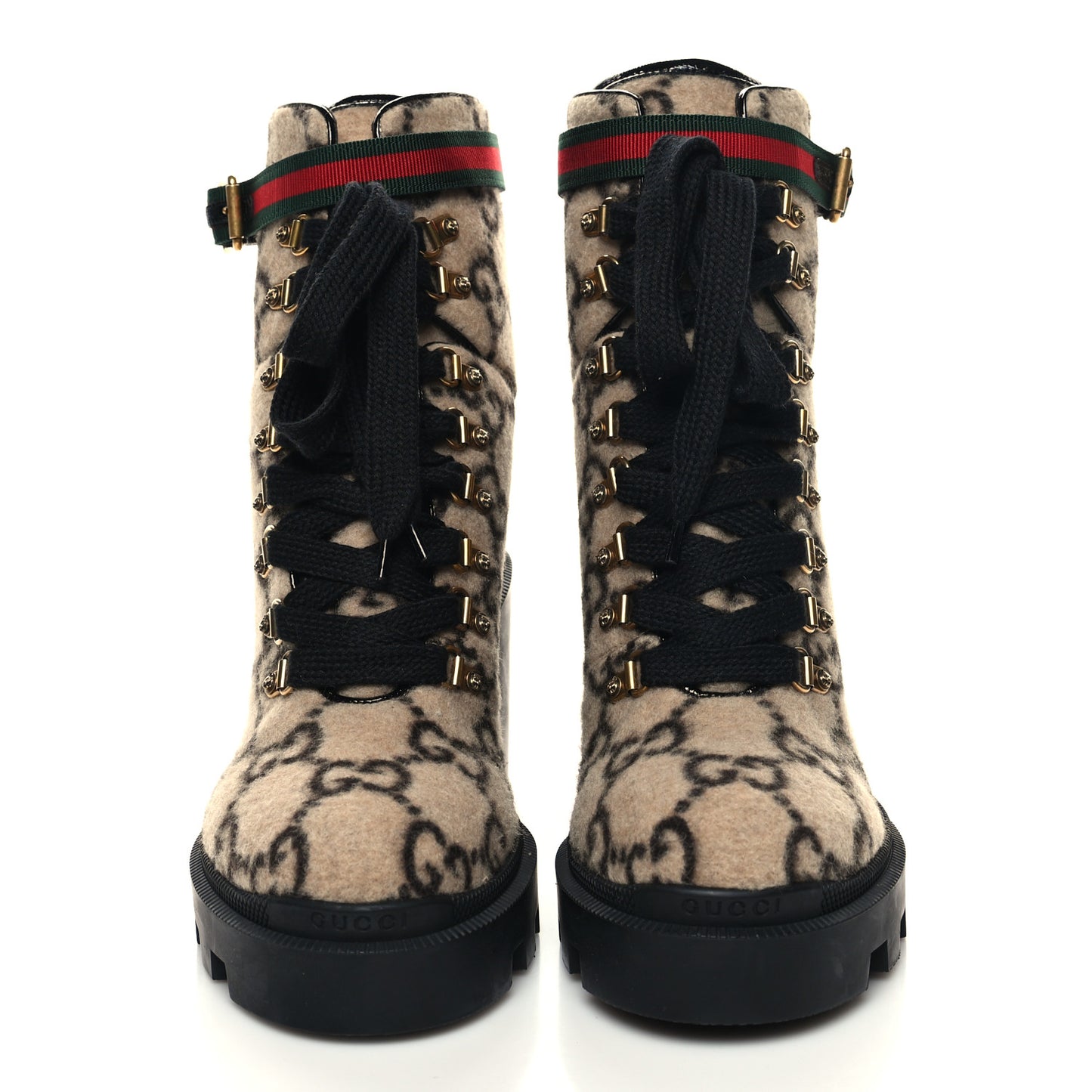 Covered Wool GG Monogram Womens Lace Up Combat Ankle Boots 40 Beige Ebony Black