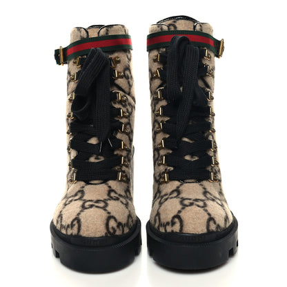 Gucci Covered Wool GG Monogram Womens Lace Up Combat Ankle Boots 40 Beige Ebony Black 2 of 9