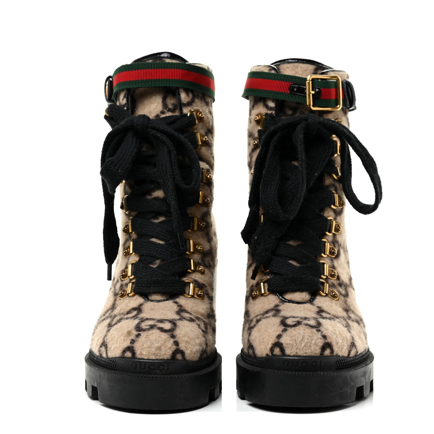 Gucci Covered Wool GG Monogram Womens Lace Up Combat Ankle Boots 38 Beige Ebony Black 3 of 36