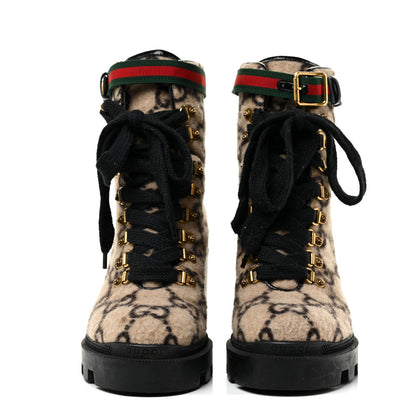 Gucci Covered Wool GG Monogram Womens Lace Up Combat Ankle Boots 38 Beige Ebony Black 3 of 36