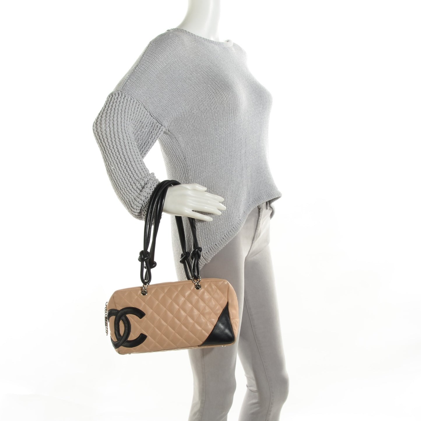 Calfskin Quilted Large Cambon Bowler Beige Black