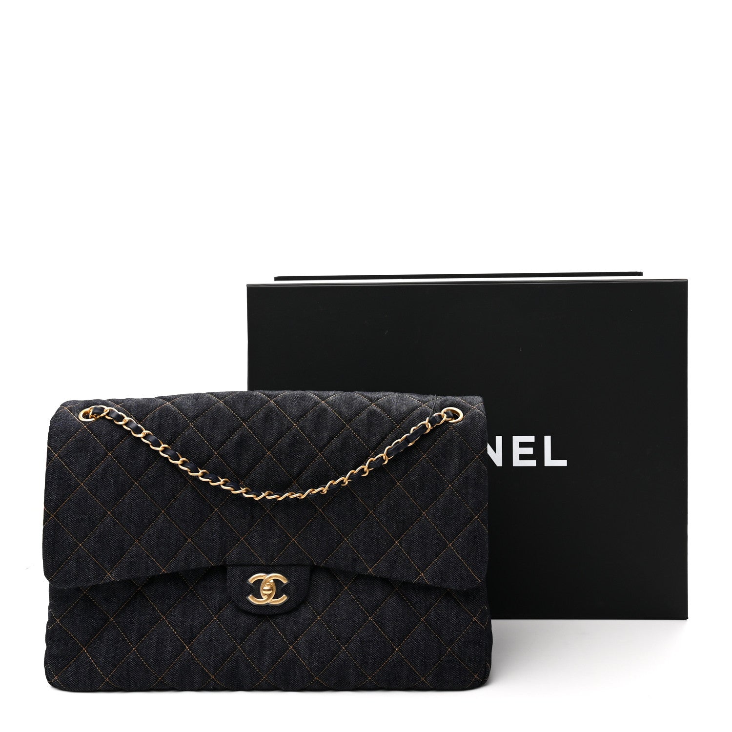 Chanel Denim Quilted XXL Travel Flap Bag Dark Blue Orange 10 of 10