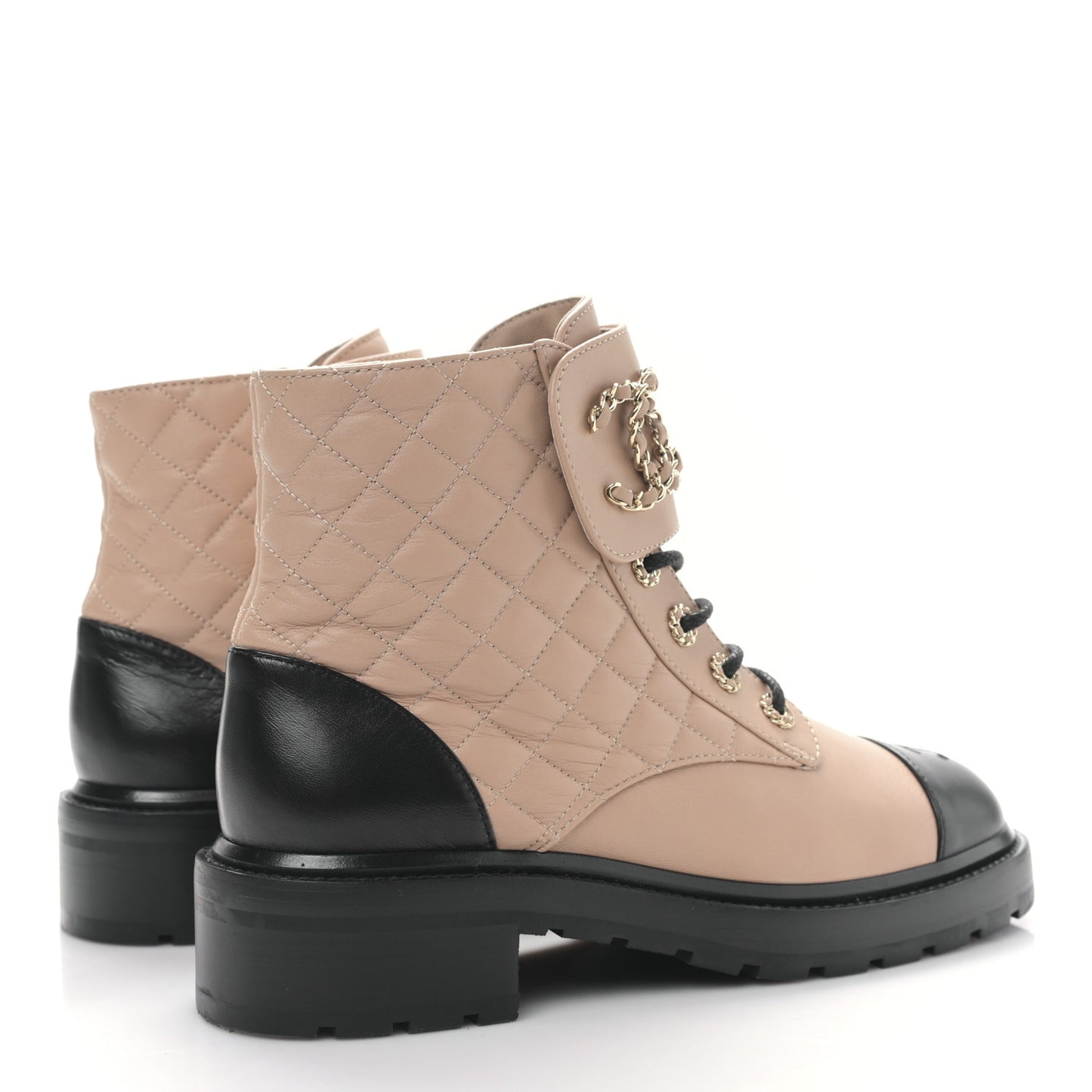 Shiny Lambskin Quilted Lace Up Combat Boots 40.5 Beige Black