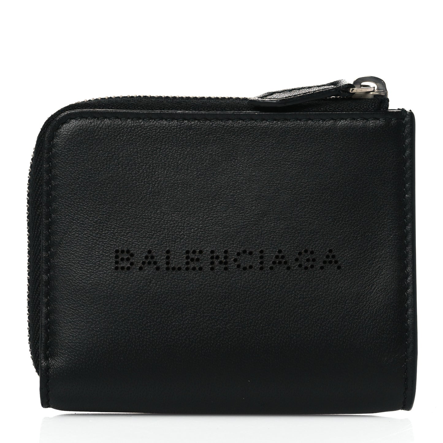 Calfskin Perforated Logo Zip Compact Wallet Black