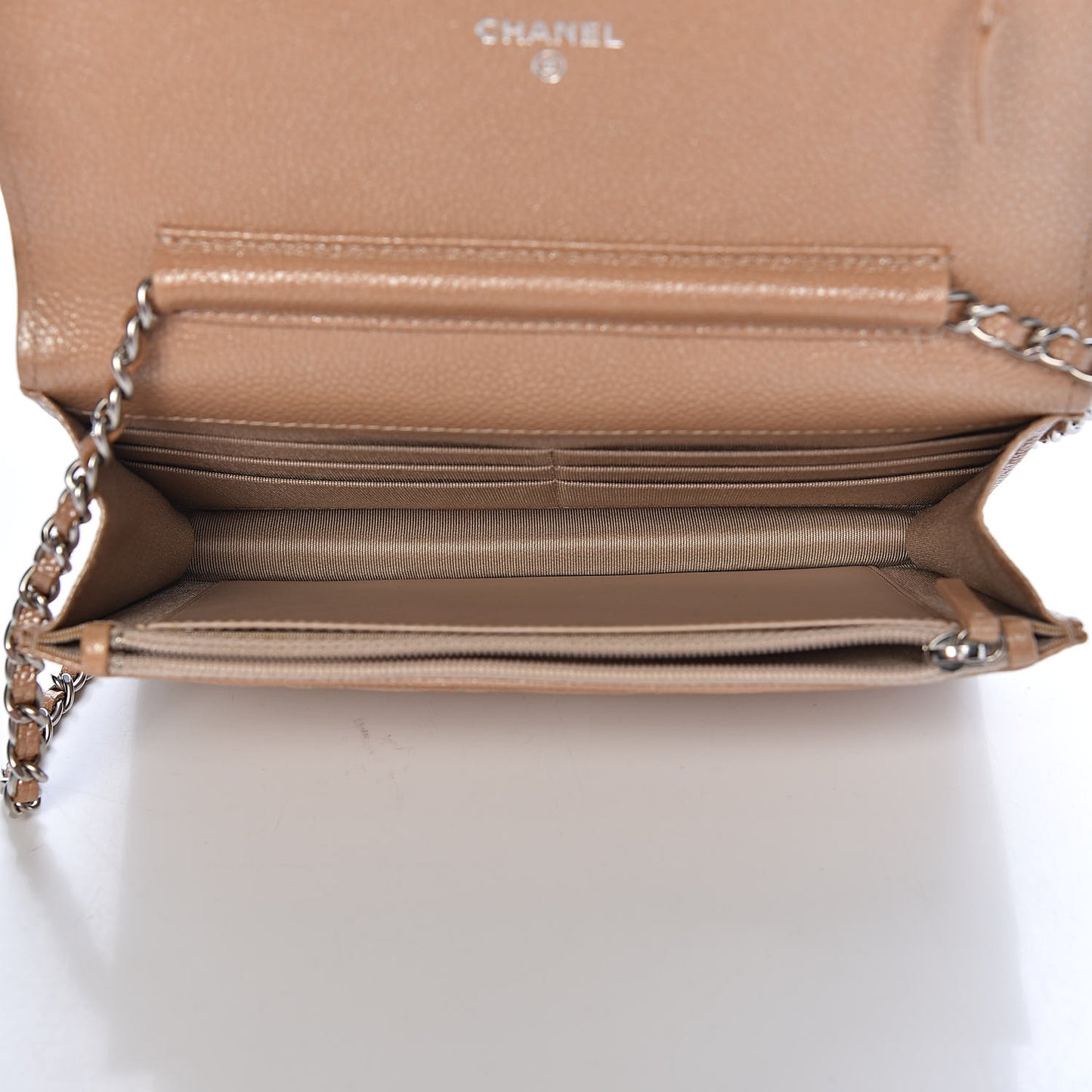 Pearly Caviar Quilted Wallet On Chain WOC Dark Beige