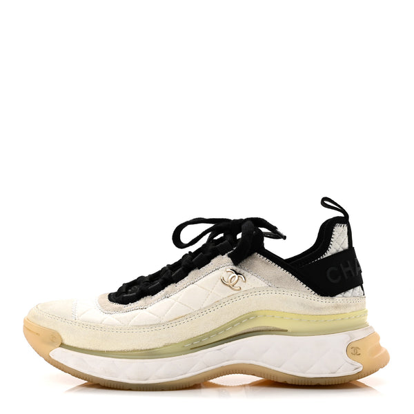 Chanel Fabric Suede Calfskin CC Sneakers 38.5 Ivory Black 1860499