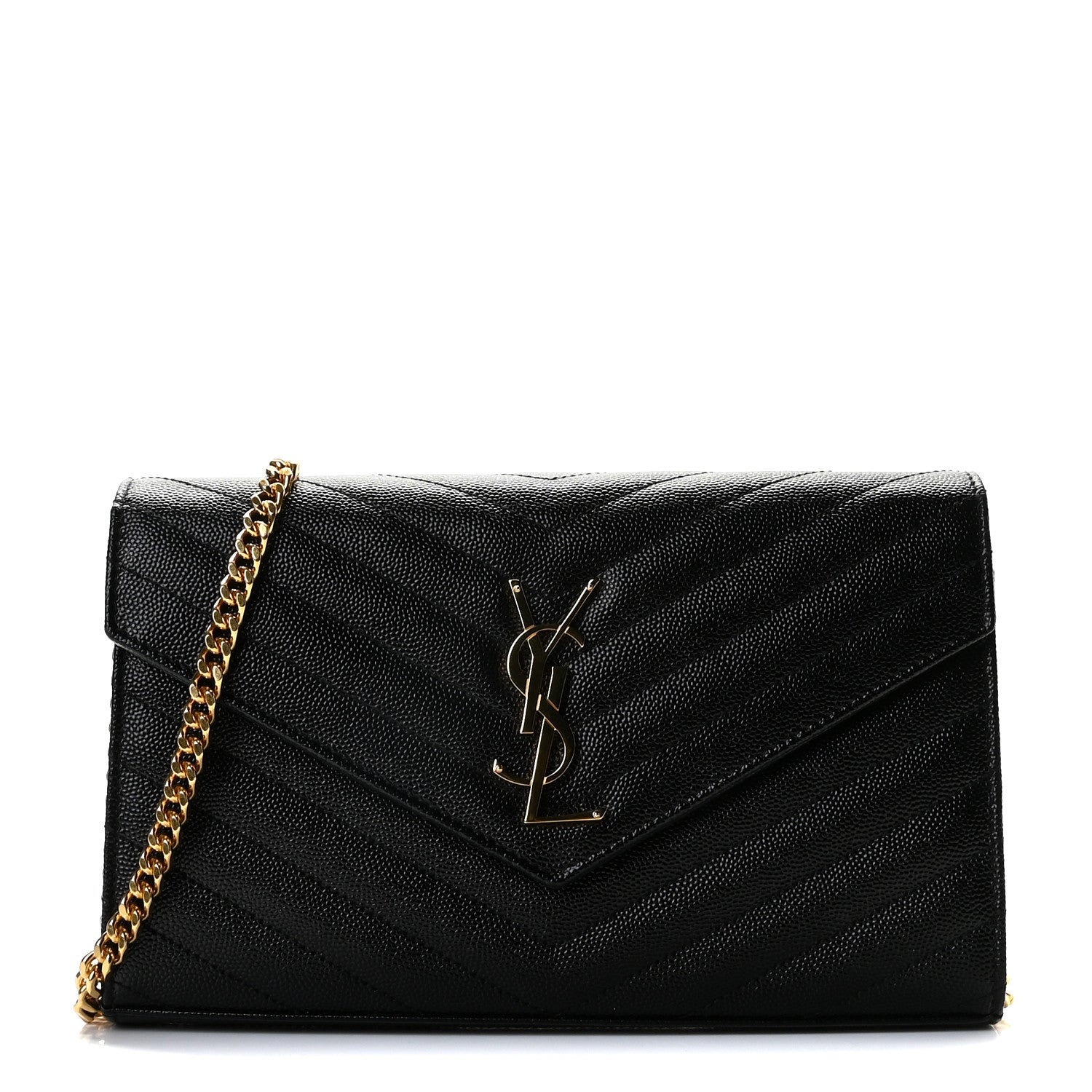 Saint Laurent Grain De Poudre Matelasse Chevron Monogram Chain Wallet Black 1 of 11