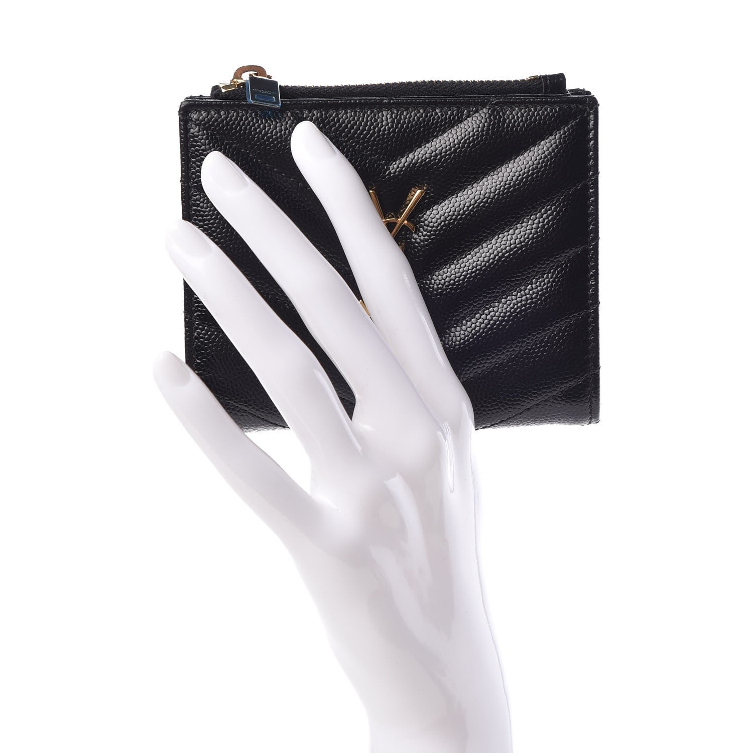 Saint Laurent Grain De Poudre Matelasse Chevron Monogram Zipped Card Case Black 2 of 8