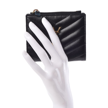 Saint Laurent Grain De Poudre Matelasse Chevron Monogram Zipped Card Case Black 2 of 8