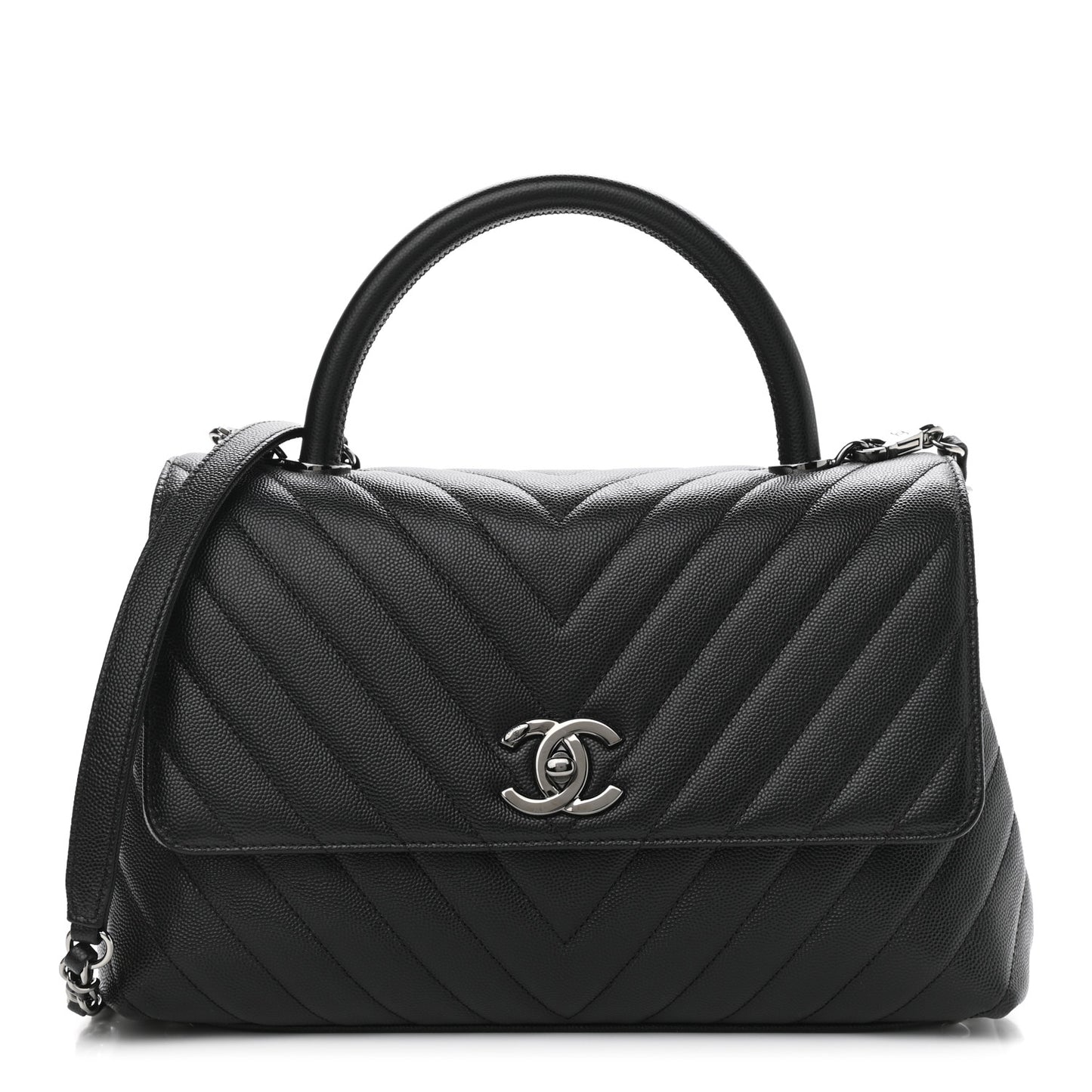 Caviar Chevron Quilted Small Coco Handle Flap Black