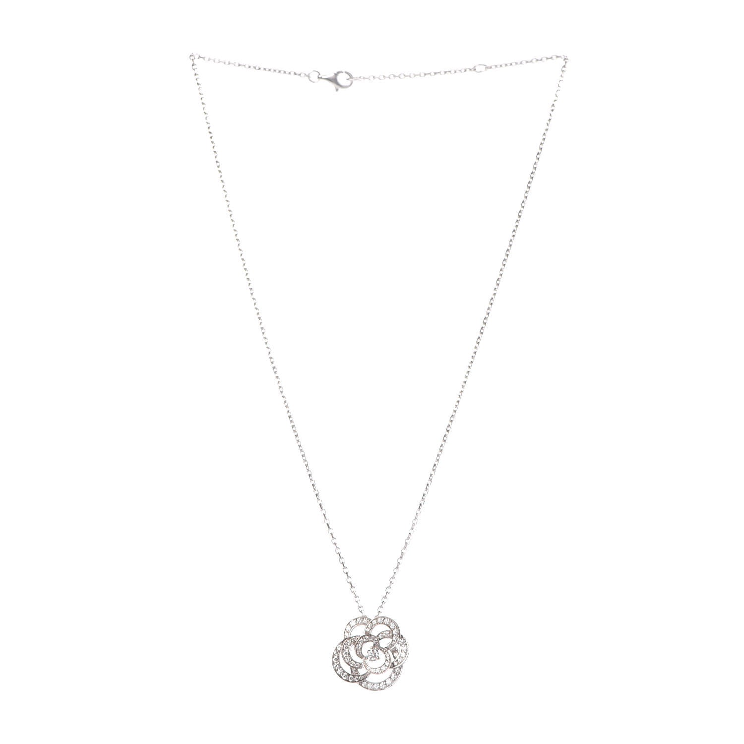 Chanel 18K White Gold Diamond Small Camelia Pendant Necklace 5 of 10