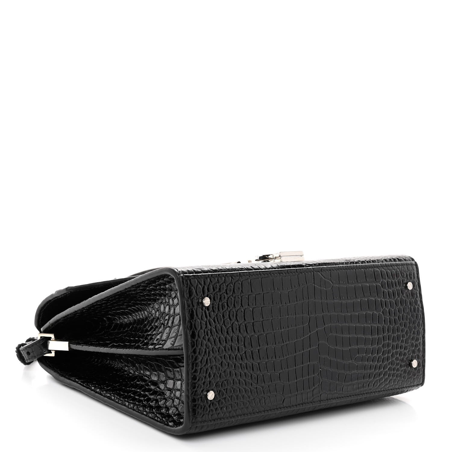Saint Laurent Calfskin Crocodile Embossed Medium Classic Monogram Cassandra Top Handle Black 4 of 9