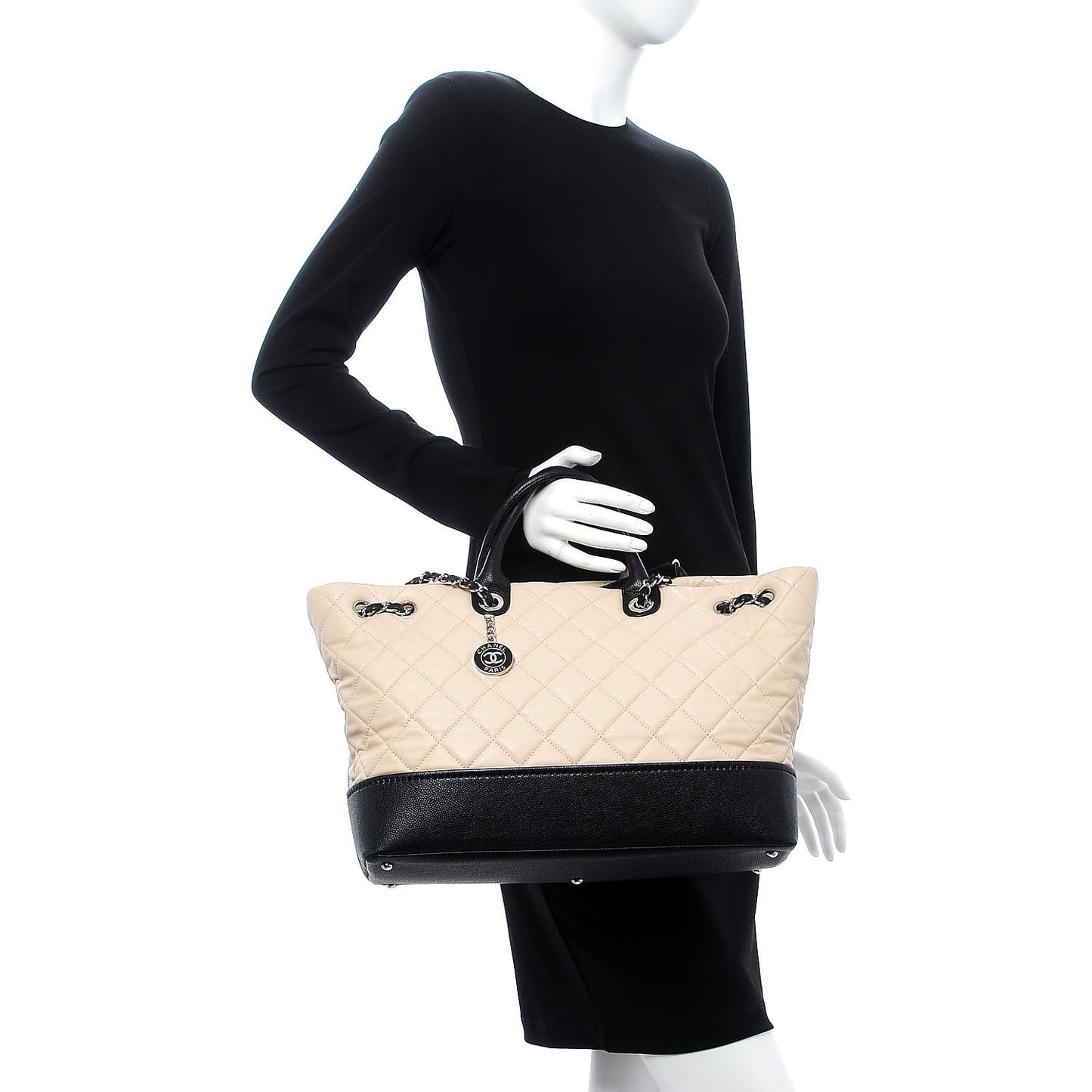 Calfskin Caviar Quilted Large Shopping Tote Beige