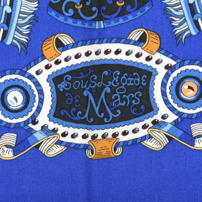 Hermes Cashmere Silk Sous L Egide De Mars Shawl 140 Bleu Royal Orange 2 of 6