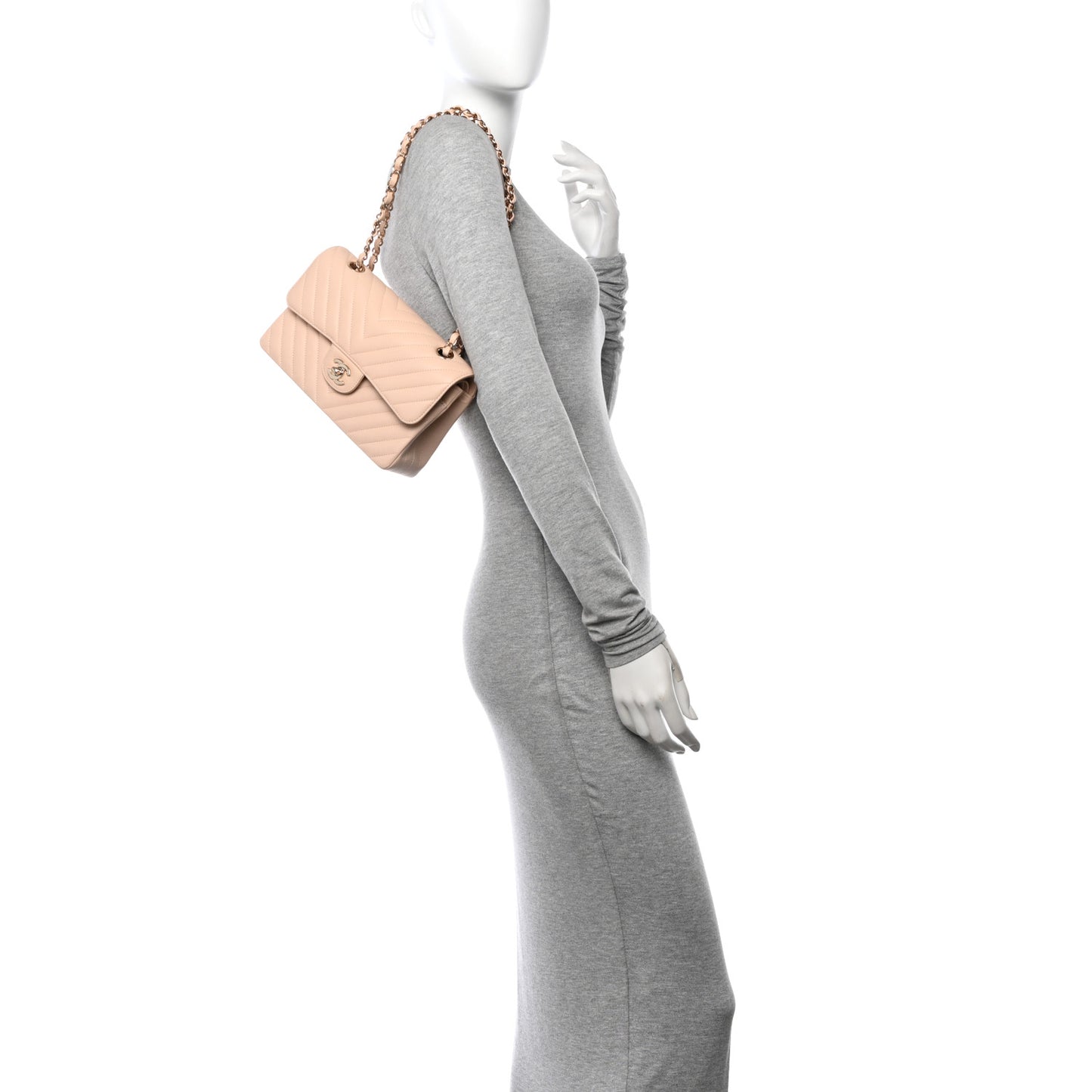 Caviar Chevron Quilted Small Double Flap Beige