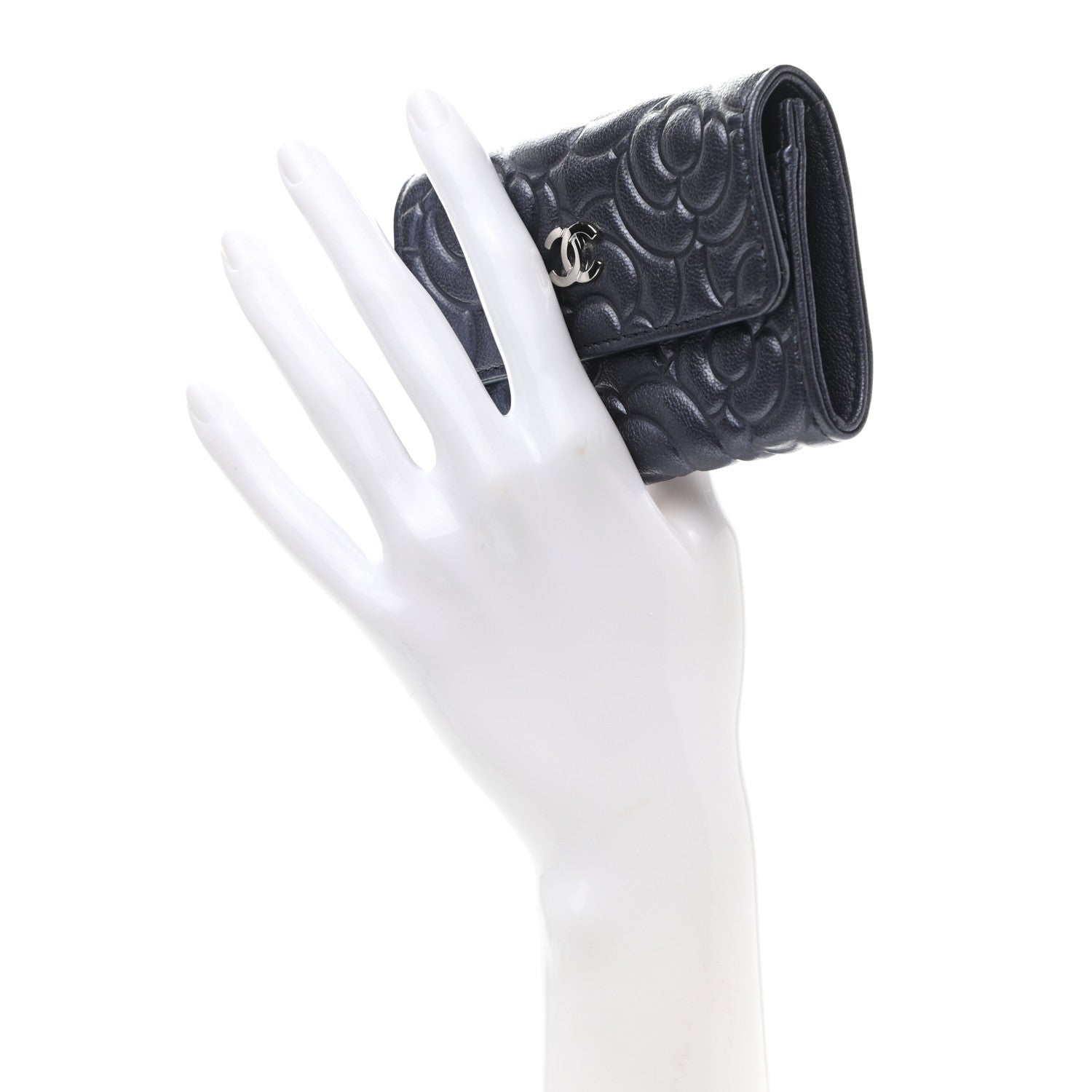 Chanel Goatskin Camellia Embossed Flap Card Holder Wallet Dark Blue 2 of 9