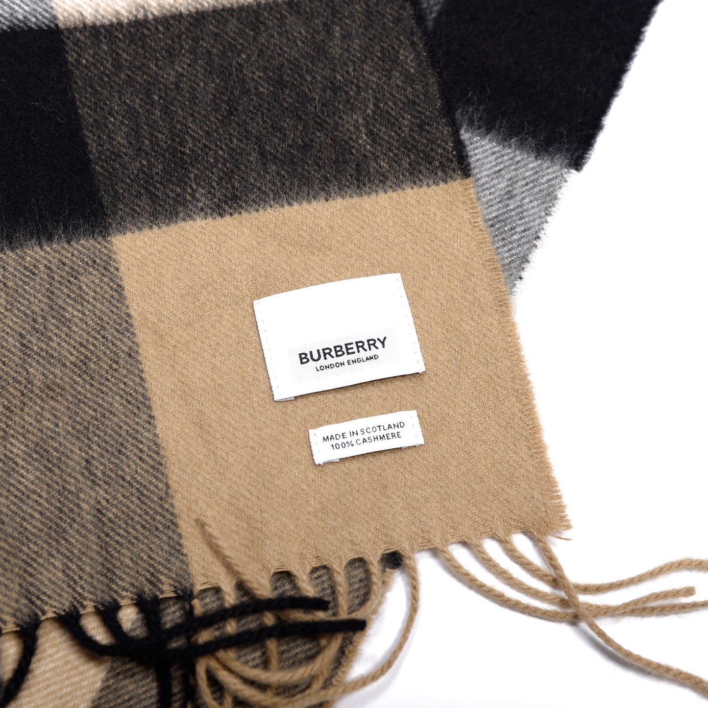 Cashmere Mega Check Fringe Scarf Camel