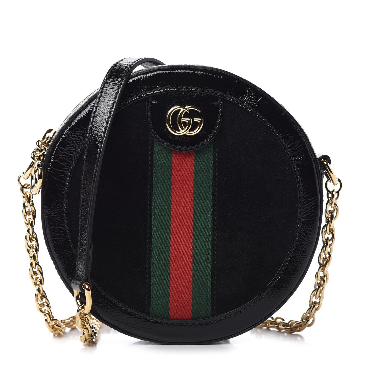 Suede Patent Web Mini Ophidia Round Shoulder Bag Black