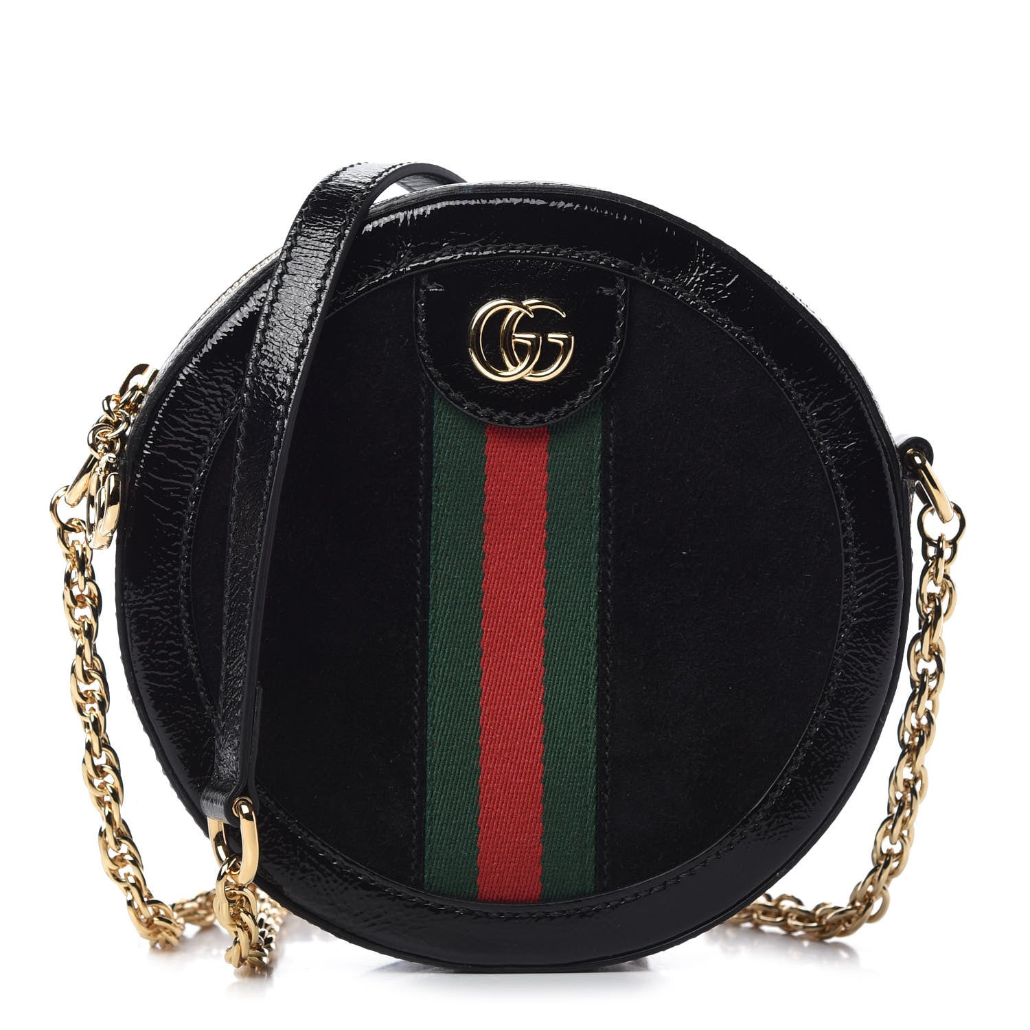 Gucci Suede Patent Web Mini Ophidia Round Shoulder Bag Black 1 of 10