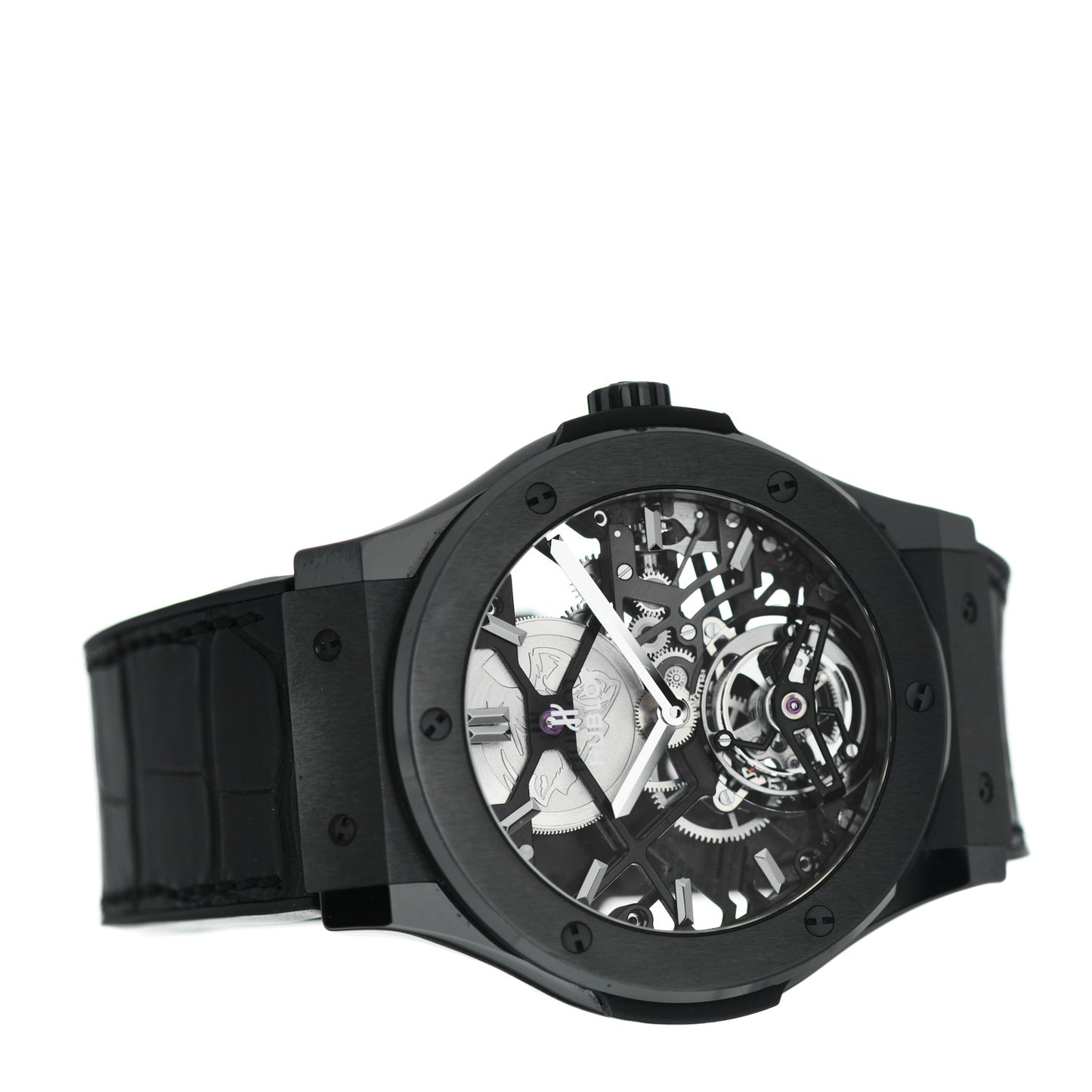 Ceramic Alligator 45mm Classic Fusion Skeleton Tourbillon Manual Winding Watch Black 505.CM.0140.LR