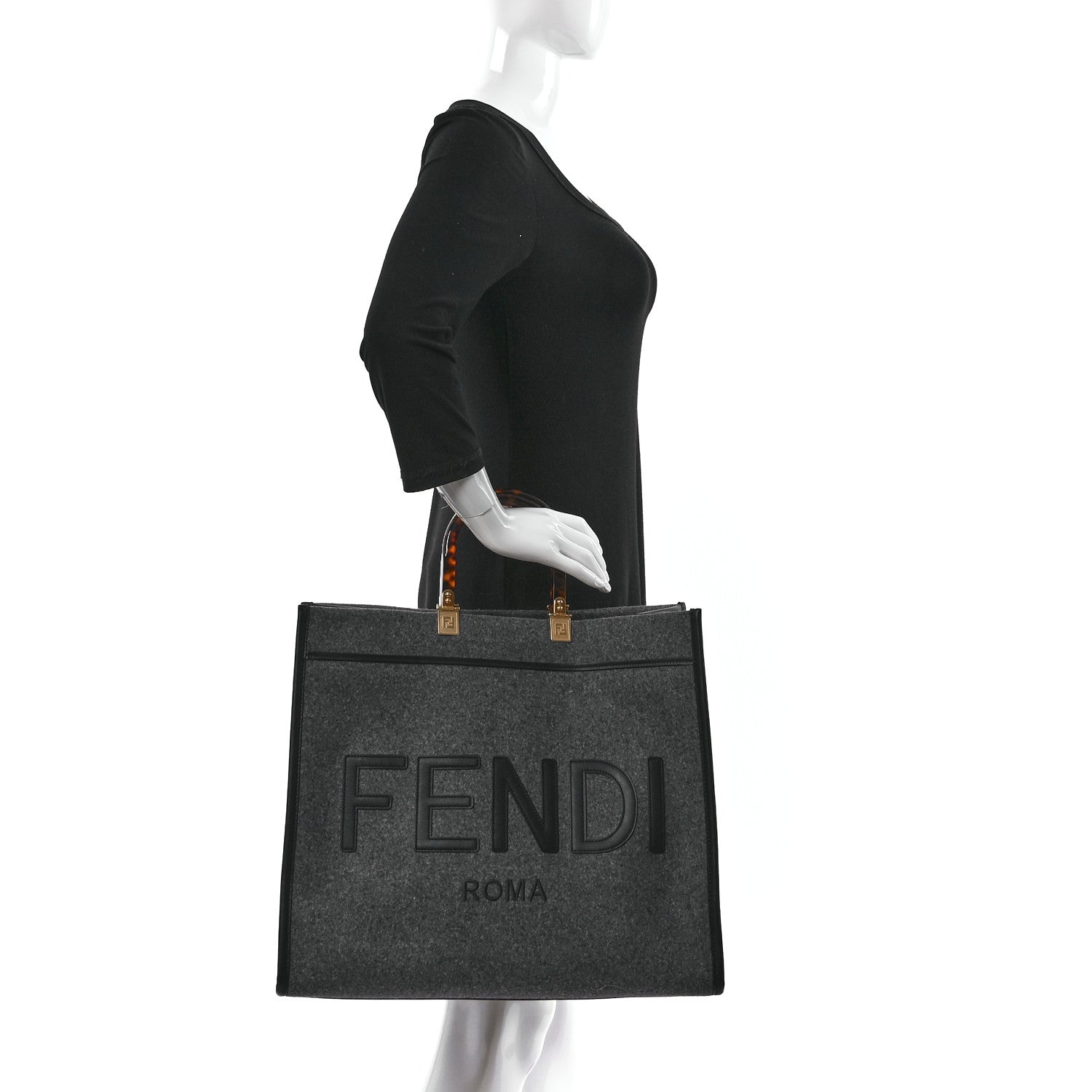 Fendi Melange Flannel Plexiglass Satin Logo Embroidered Threaded Edge Large Fendi Sunshine Shopper Tote Grigio Black 2 of 9