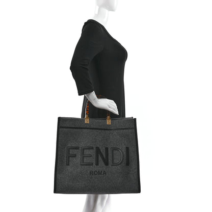 Fendi Melange Flannel Plexiglass Satin Logo Embroidered Threaded Edge Large Fendi Sunshine Shopper Tote Grigio Black 2 of 9