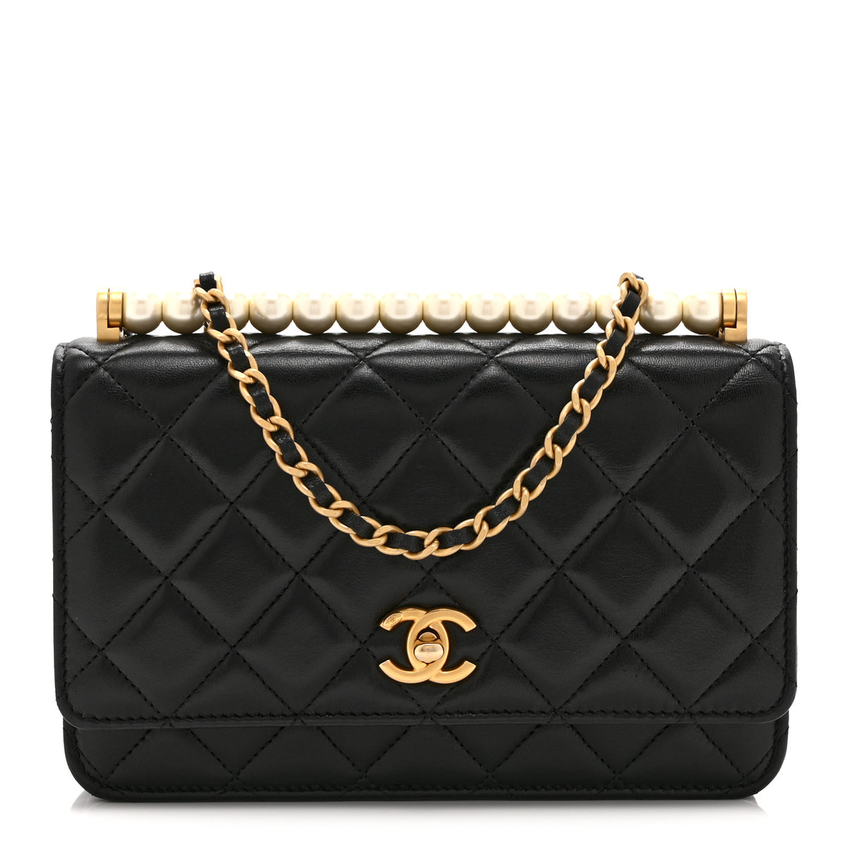 Chanel Shiny Lambskin Quilted CC Turnlock Chic Pearl Wallet on Chain WOC  Black 1 of 11