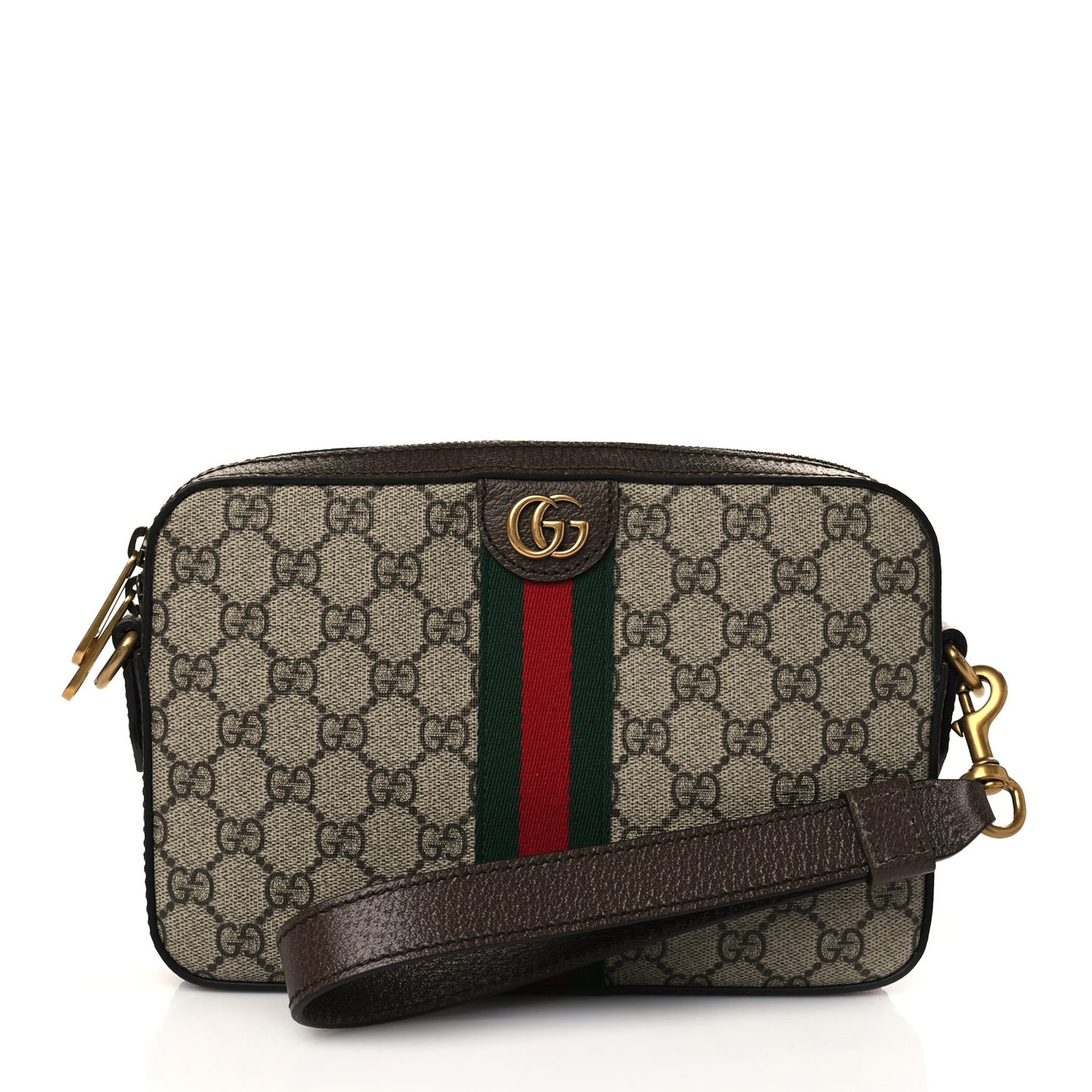 GG Supreme Monogram Textured Dollar Calfskin Web Ophidia Wristlet Shoulder Bag Beige Ebony New Acero