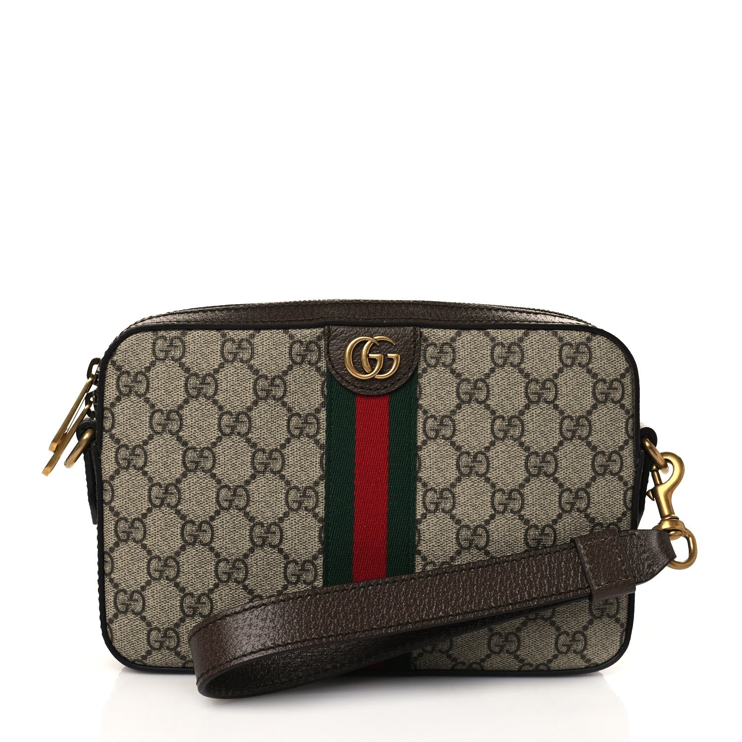 Gucci GG Supreme Monogram Textured Dollar Calfskin Web Ophidia Wristlet Shoulder Bag Beige Ebony New Acero 1 of 6