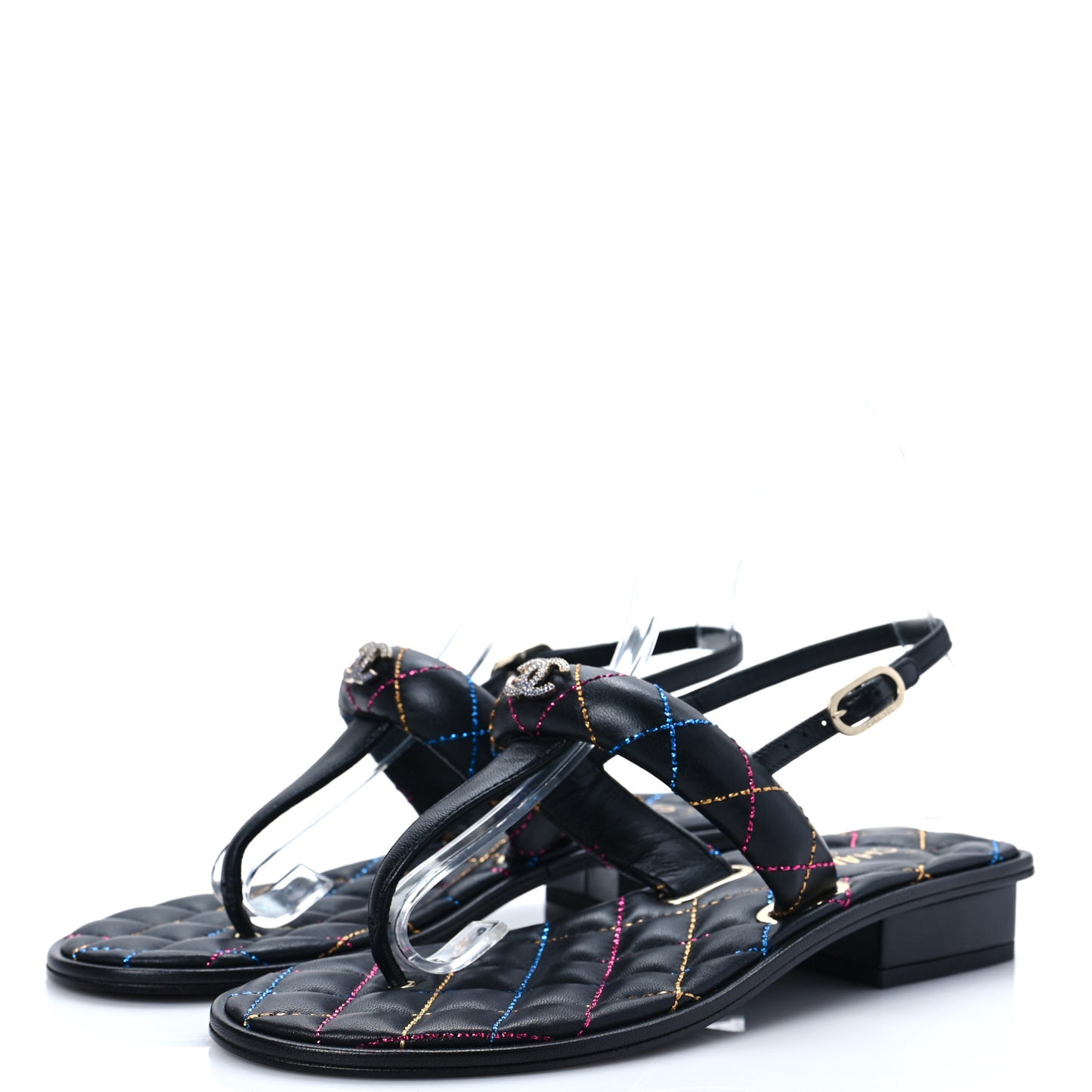 Lambskin Crystal Rainbow Stitched CC Thong Sandals 35.5 Black