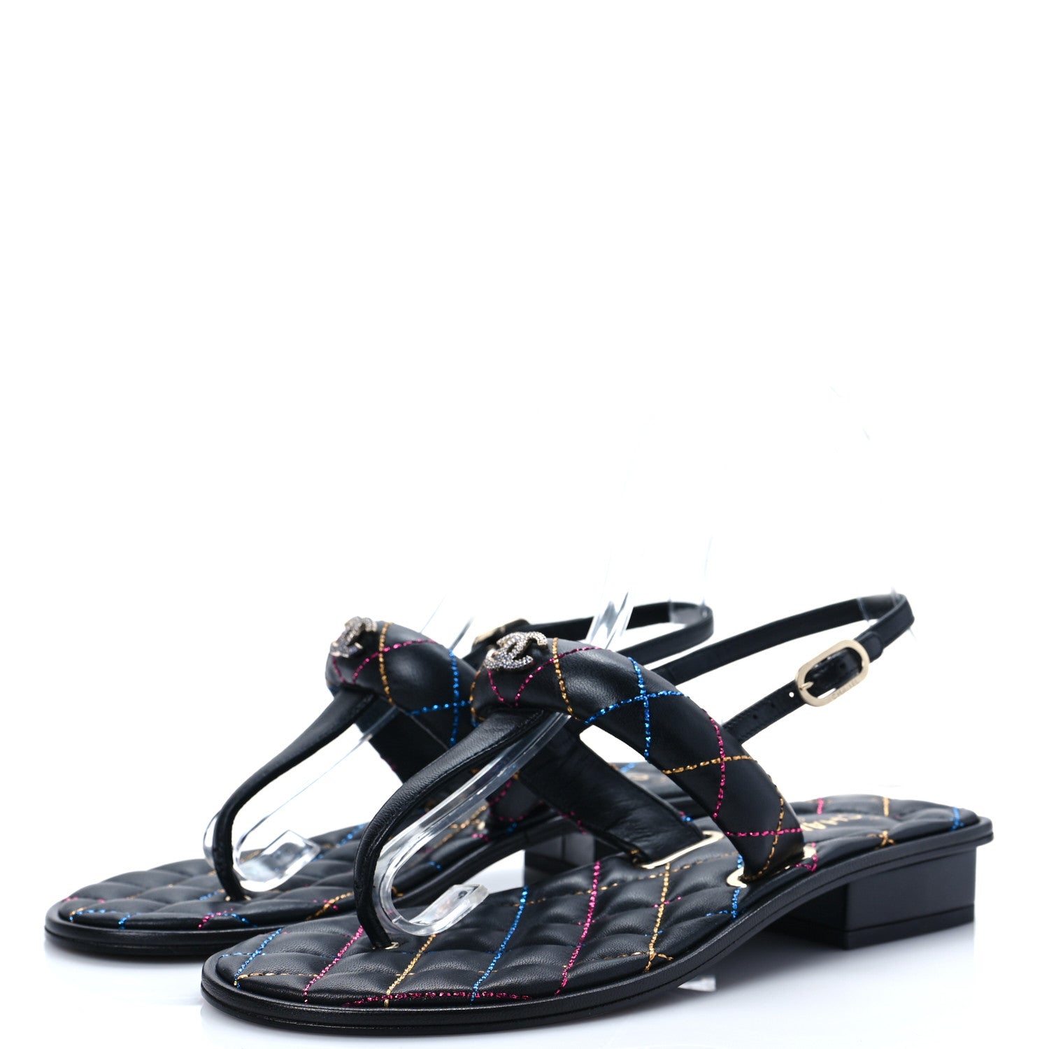 Chanel Lambskin Crystal Rainbow Stitched CC Thong Sandals 35.5 Black 3 of 7