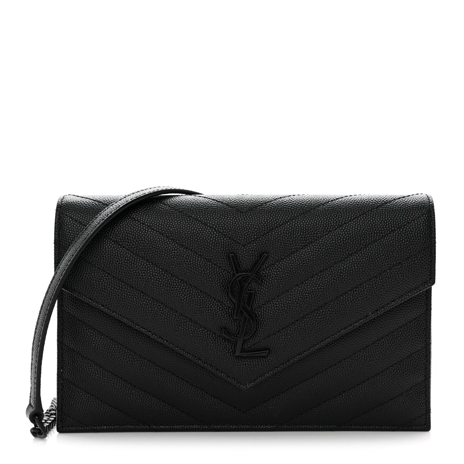 Saint Laurent Grain De Poudre Matelasse Chevron Monogram Monochrome Envelope Chain Wallet Black 1 of 13