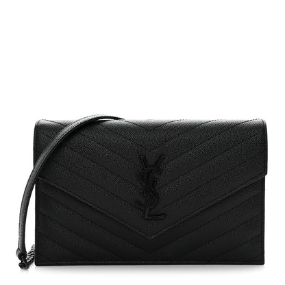 Saint Laurent Grain De Poudre Matelasse Chevron Monogram Monochrome Envelope Chain Wallet Black 1 of 13