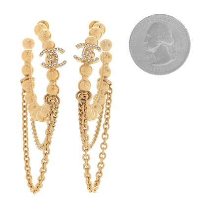 Chanel Metal Crystal Bead Chain CC Hoop Earrings Gold 2 of 5