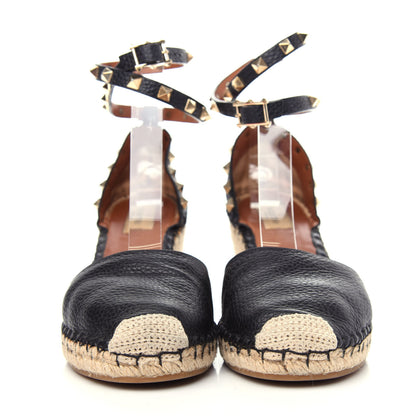 Valentino Garavani Grained Calfskin Rockstud Ankle Wrap Espadrille 15/85mm Wedges 41 Black Light Cuir 2 of 11