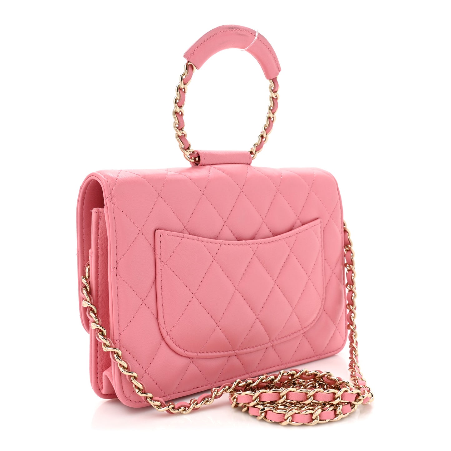 Lambskin Quilted Chain Handle Round Wallet On Chain WOC Pink