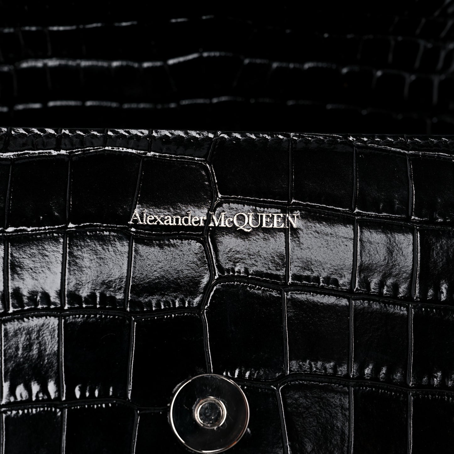 Shiny Crocodile Embossed Jeweled Satchel Black