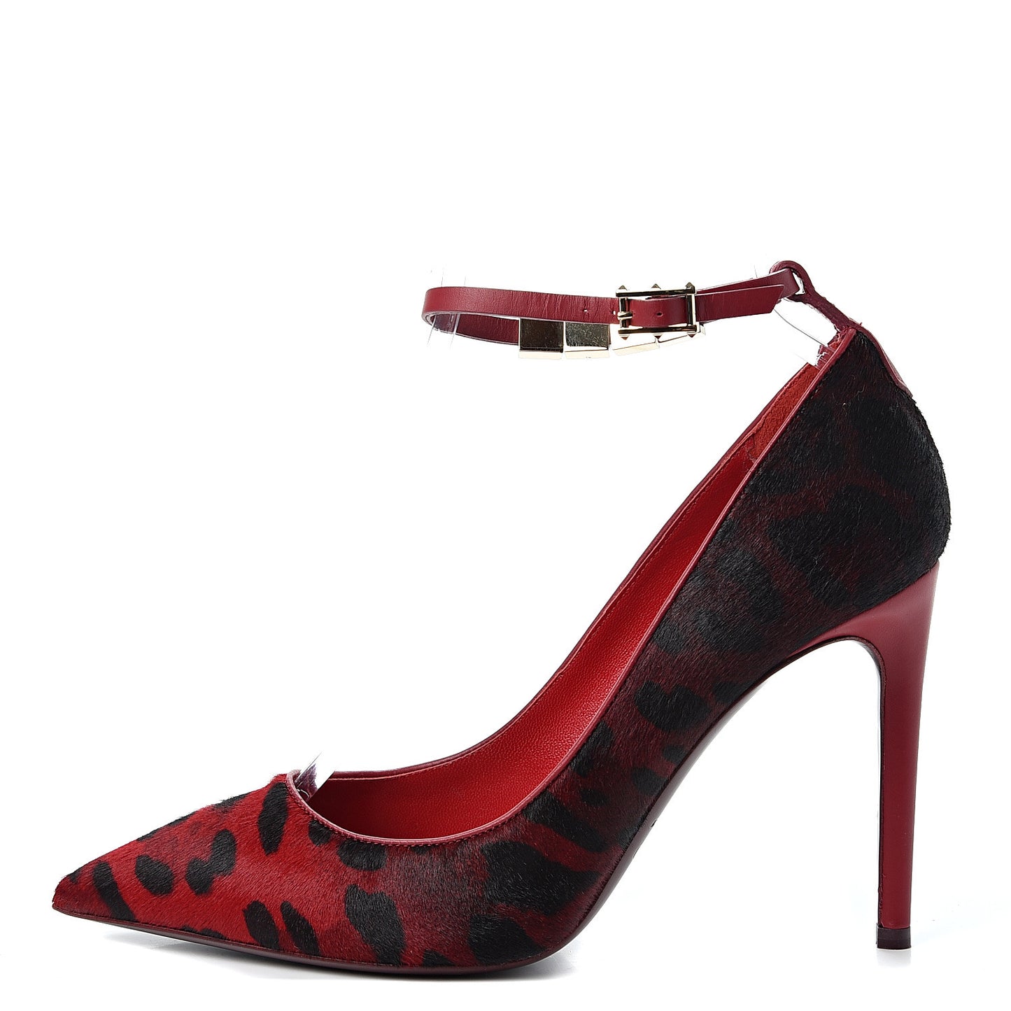 Calf Hair Leopard Print Rouge Absolute Rockstud Ankle Strap Pumps 37 Red Black