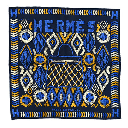 Hermes Silk Twill Kelly En Perles Shawl 140 Marine Bleu Roy 1 of 5